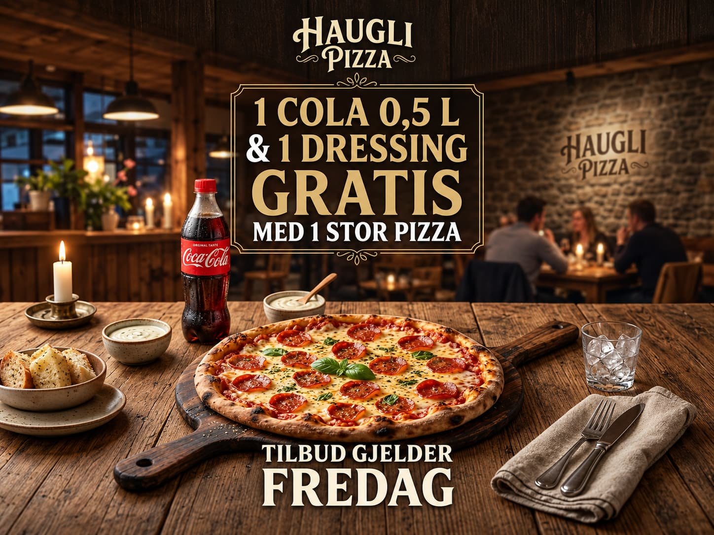 Fredagstilbud: 1 cola 0,5 l og 1 dressing gratis med 1 stor pizza.